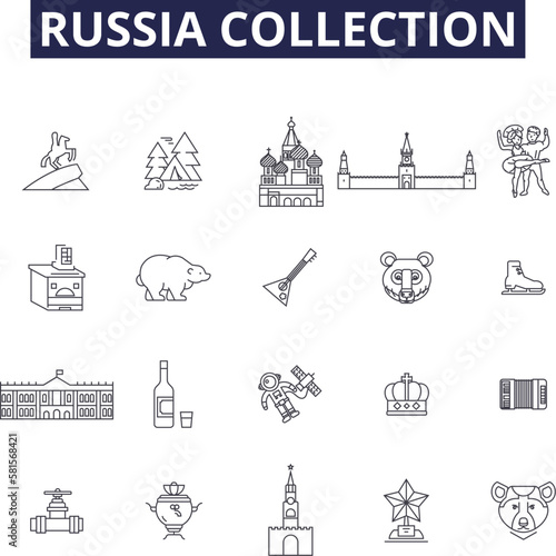 Russia collection line vector icons and signs. Collection, Soviet, Moscow, Kremlin, Putin, Red, Hermitage, Ukraine outline vector illustration set