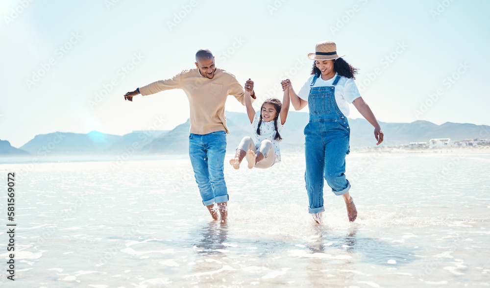 Playing, parents and girl in water at beach for bonding, quality time and summer adventure together. Travel, family and happy mom and dad swinging child enjoy holiday, vacation and relax on weekend - obrazy, fototapety, plakaty 