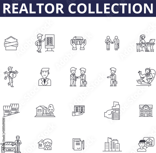 Realtor collection line vector icons and signs. Collection, Agency, Service, Finance, Property, Broker, Investment, Home outline vector illustration set