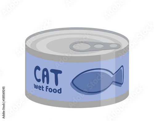 Cat wet food. Canned wet food. Preserve tin, can. Cartoon, flat
