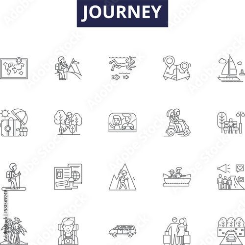 Journey line vector icons and signs. Tour, Expedition, Trek, Passage, Voyage, Trekking, Odyssy, Trail outline vector illustration set