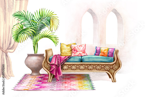 watercolor illustration. Bohemian style home interior. Tropical palm, exotic colonial sofa, colorful pillows and textile drapery, traditional carpet. Arabic or indian scene