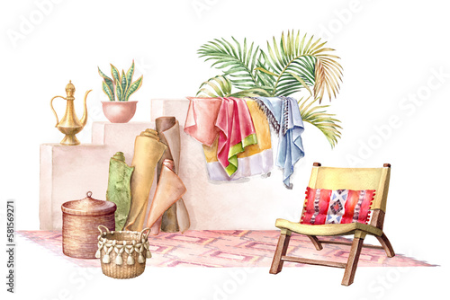 watercolor illustration. Moroccan background. Bohemian style room interior. Oriental bazaar. Garden chair, pillow, baskets, green plants, traditional carpet and textile rolls.