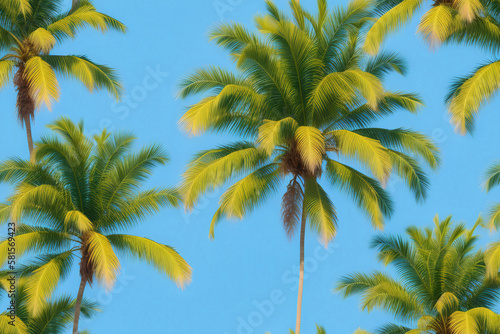 Palm trees against a blue sky background, seamless illustration. Background, wallpaper, imprint on fabric. Generative AI