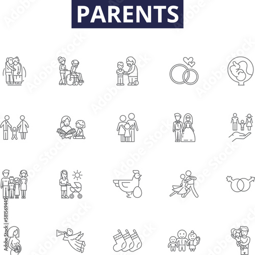 Parents line vector icons and signs. guardians, moms, dads, progenitors, forebears, progenitors, ancestors, kin outline vector illustration set