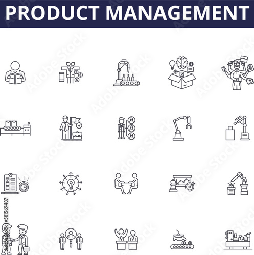 Product management line vector icons and signs. Management, Planning, Development, Design, Allocation, Marketing, Evaluation, Analysis outline vector illustration set