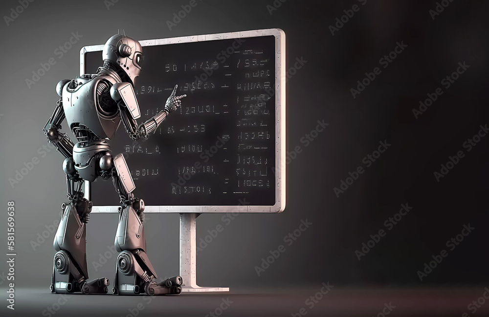 robot solves examples at the blackboard. The robot is learning. background. Copy space. created by AI