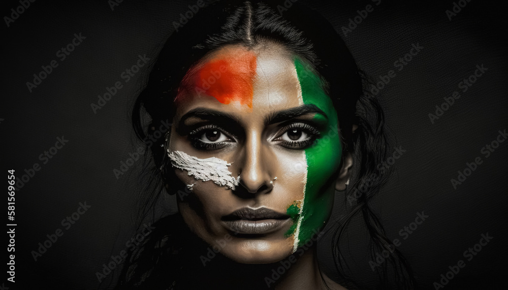 India. A beautiful young woman with paint in the colors of national flag of India. How AI sees the countries of the world if we imagine that they are people. digital ai art. India. A beautiful young woman with paint in the colors of national flag of India. How AI sees the countries of the world if we imagine that they are people. digital ai art.