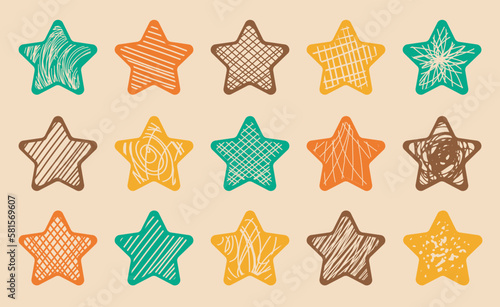 Colorful retro decorative stars. Doodle line style. Collection of isolated cut out vector design elements for icon or button, greeting card, invitation, poster, web banner, stickers