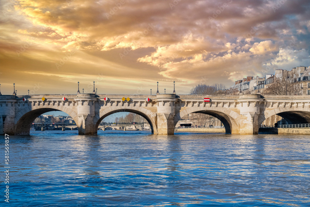 Paris, the Pont-Neuf on the Seine, typical view with a beautiful sky