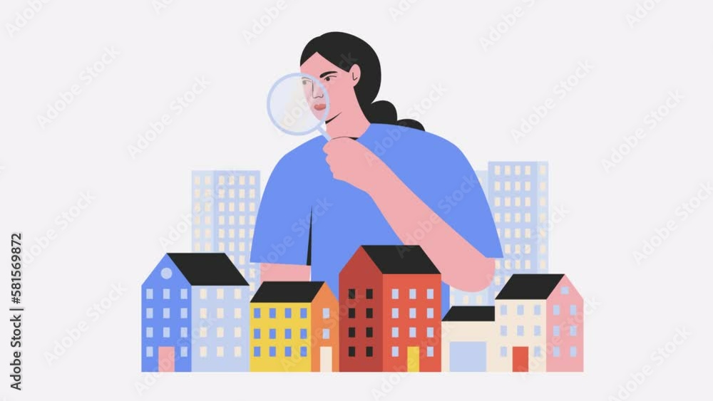 Property search concept. Animation of woman choosing, finding and inspecting houses and apartments for buying and renting. Female characted with magnifying glass looking at houses motion Property search concept. Animation of woman choosing, finding and inspecting houses and apartments for buying and renting. Female characted with magnifying glass looking at houses motion