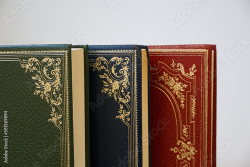 Canvas Print Green, blue and red corner of the vintage books on the white empty space backgro
