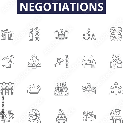 Negotiations line vector icons and signs. dialogue, discussion, haggling, interaction, mediation, parleys, settlements, talking outline vector illustration set