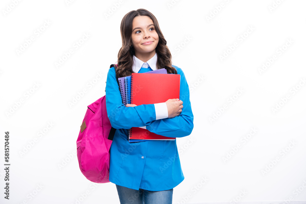 Back to school. School girl student with school bag backpack hold book on isolated studio background. Kids education concept. Back to school. School girl student with school bag backpack hold book on isolated studio background. Kids education concept.