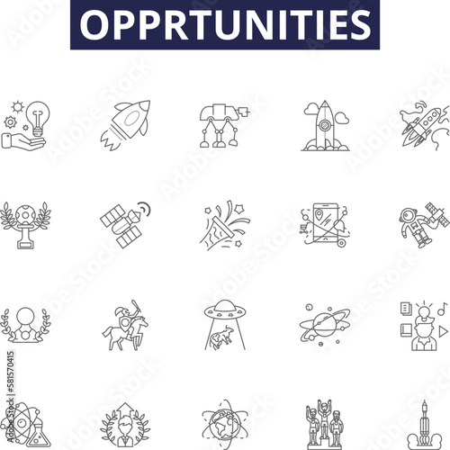 Opprtunities line vector icons and signs. Chances, Prospects, Options, Gains, Avails, Wealth, Profits, Prospects outline vector illustration set