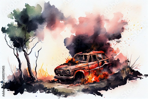 Watercolor Illustration of a Car On Fire In The Middle Of Nowhere Art. Generative AI © Pixel Matrix