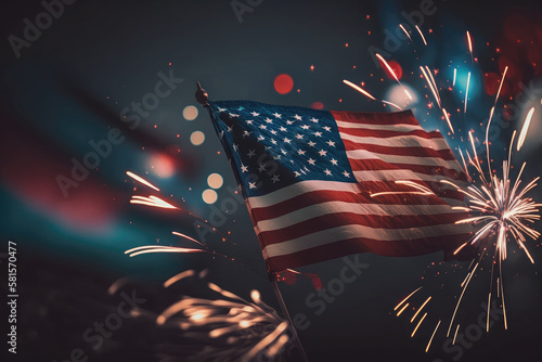 AI generated celebratory fireworks on background of american flag at usa independence day