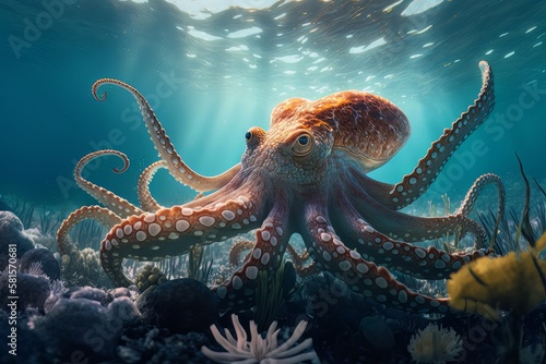 Octopus in Colorful Coral Reef Habitat, Generative AI