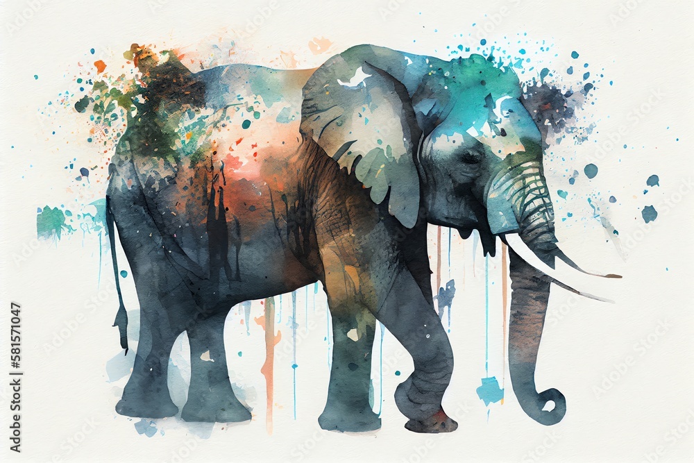 Fototapeta premium Watercolor Illustration of a Elephant With Paint Splatters All Over It. Generative AI