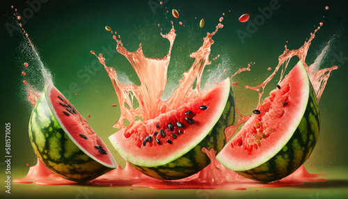Three fresh watermelon slices with explosions of juice. Product shot.