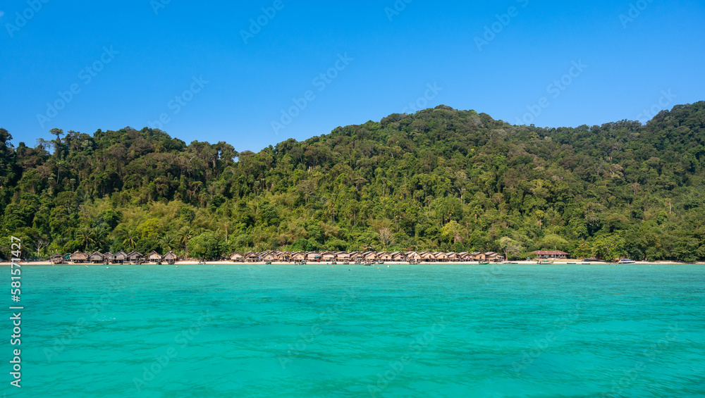 Ko Surin Marine National Park. Traditional houses of Moken tribe Village or Sea Gypsies and tropical waters of Surin Islands in Thailand, Phang Nga.