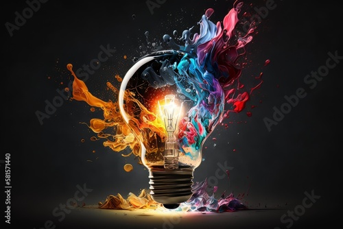 Colorful bulb lamp. Light bulb explodes with colorful paint and splashes isolated on black. Colours of life. Generative AI