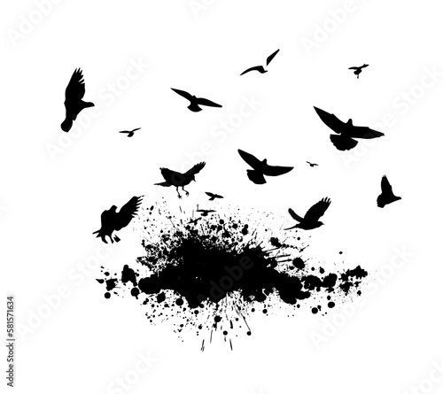 A flock of flying birds. Free birds. abstraction birds flying from blots . Vector illustration