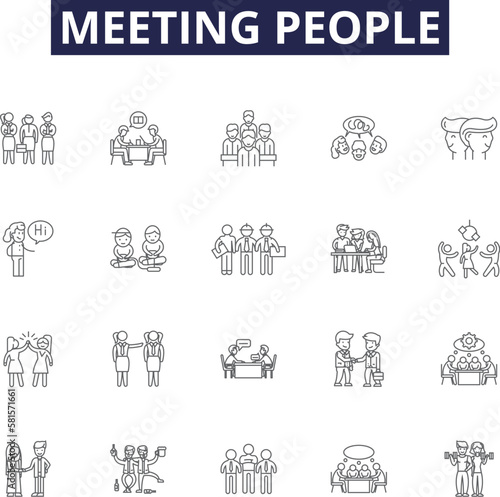 Meeting people line vector icons and signs. Networking, Gathering, Bonding, Interacting, Conversing, Interfacing, Collaborating, Connecting outline vector illustration set photo