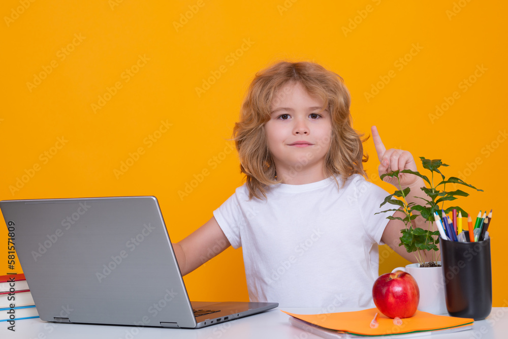 School child using laptop computer. Child from elementary school with book. Little student, clever nerd pupil ready to study. First time to school. Concept of education and learning. School child using laptop computer. Child from elementary school with book. Little student, clever nerd pupil ready to study. First time to school. Concept of education and learning.