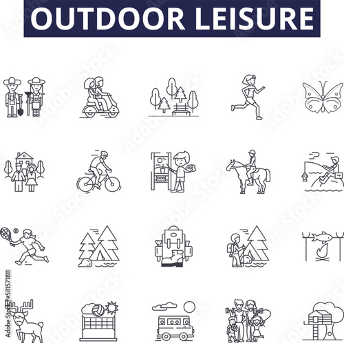 Outdoor leisure line vector icons and signs. camping, kayaking, biking, swimming, canoeing, rafting, fishing, sailing outline vector illustration set