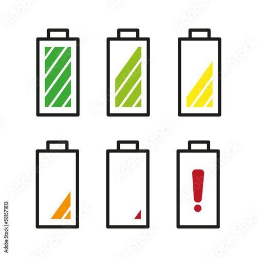 Battery indicators. Multi-colored indicators of battery charging. Vector illustration.