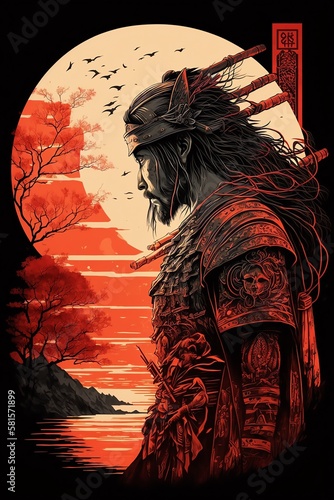 Japanese Samurai Warrior illustration on dark background. Generative AI