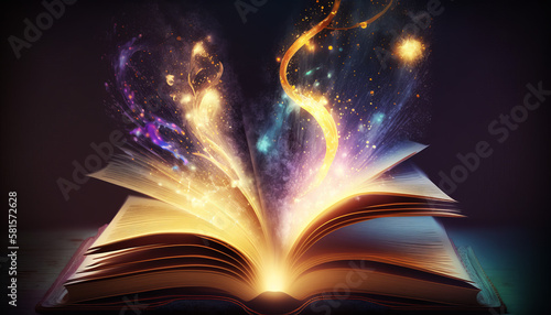 Mystery open book with shining pages. Fantasy book with magic light sparkles and stars.