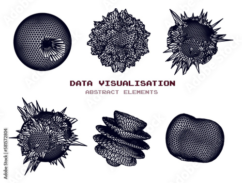 Distorted spheres and blobs made of mesh.  Set of abstract vector 3D shapes for cover or poster design. 