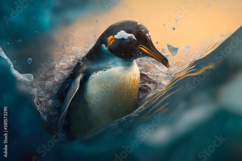 Heartbreaking penguin struggles to escape frozen plastic bag. Close-up angle view. Help keep our oceans clean concept. Horizontal illustration. Generative AI