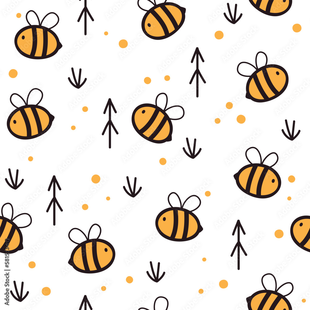 Seamless pattern with cute cartoon bee. Vector illustration on white background. It can be used for wallpapers, wrapping, cards, patterns for clothes and other.