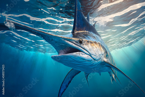 White marlin billfish in turquoise ocean water. Left angle view. Sport fishing concept. Horizontal illustration. Generative AI photo