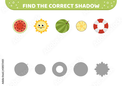 Round subjects. Find the correct shadow. Shadow matching game. Summer elements. Cartoon, vector