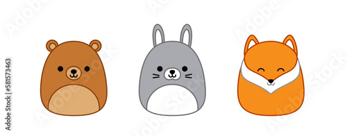 Bear, hare, fox. Squishmallow. Cute soft plush toy. Pillow. Cartoon kawaii vector