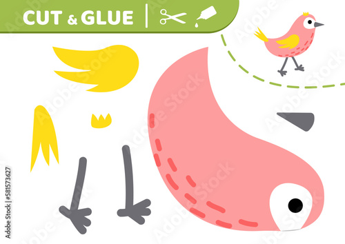 Pink nestling. Cut and glue. Little bird. Applique. Paper game. Vector