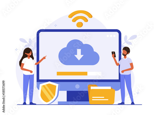 Cloud technology illustration concept. People exchanging files via Internet. Cloud service, online data storage and transfer, information backup. Modern flat vector illustration.