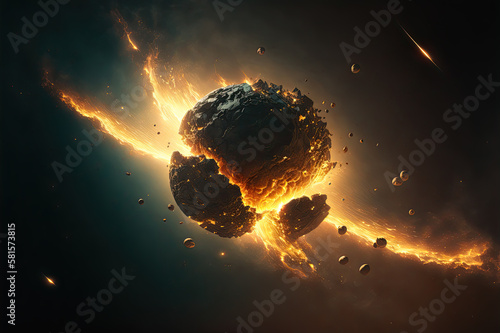 Small moon exploding and breaking up into pieces upon impact with a comet. Illustration made with Generative AI.