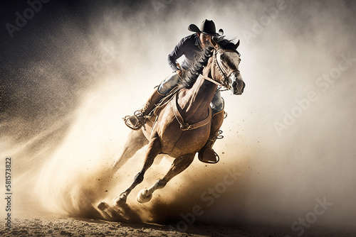 Cowboy riding a bucking bronco horse in a dusty rodeo arena, generative Ai photo