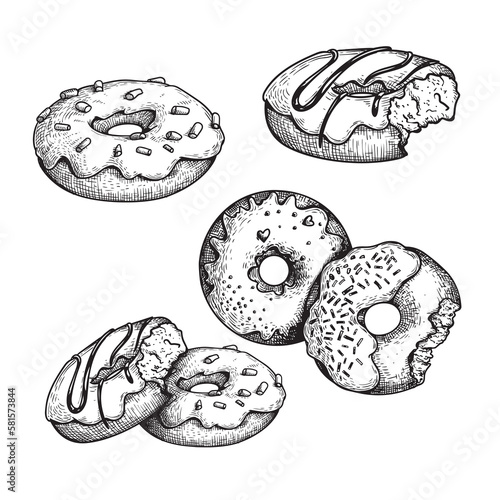 Hand drawn sketch style tasty donuts set. Sweet desserts collection. Best for posters, menu designs and packaging. Vector illustrations.