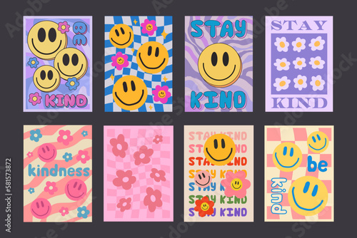 Cool Groovy Pattern Vector Design. Trendy Funky Stay Kind Posters. Pop Art Smile and Flowers Illustrations.