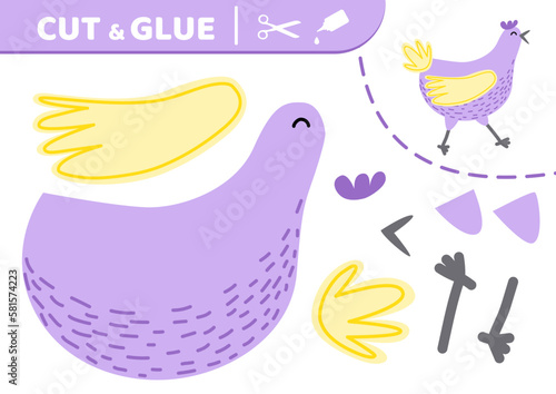 Cute hen. Cut and glue. Cartoon hen. Applique. Paper game. Vector