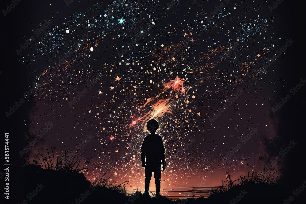 The boy stands among the hanging glowing balls in the form of the moon, fairy tale dream illustration. Generative ai The boy stands among the hanging glowing balls in the form of the moon, fairy tale dream illustration. Generative ai