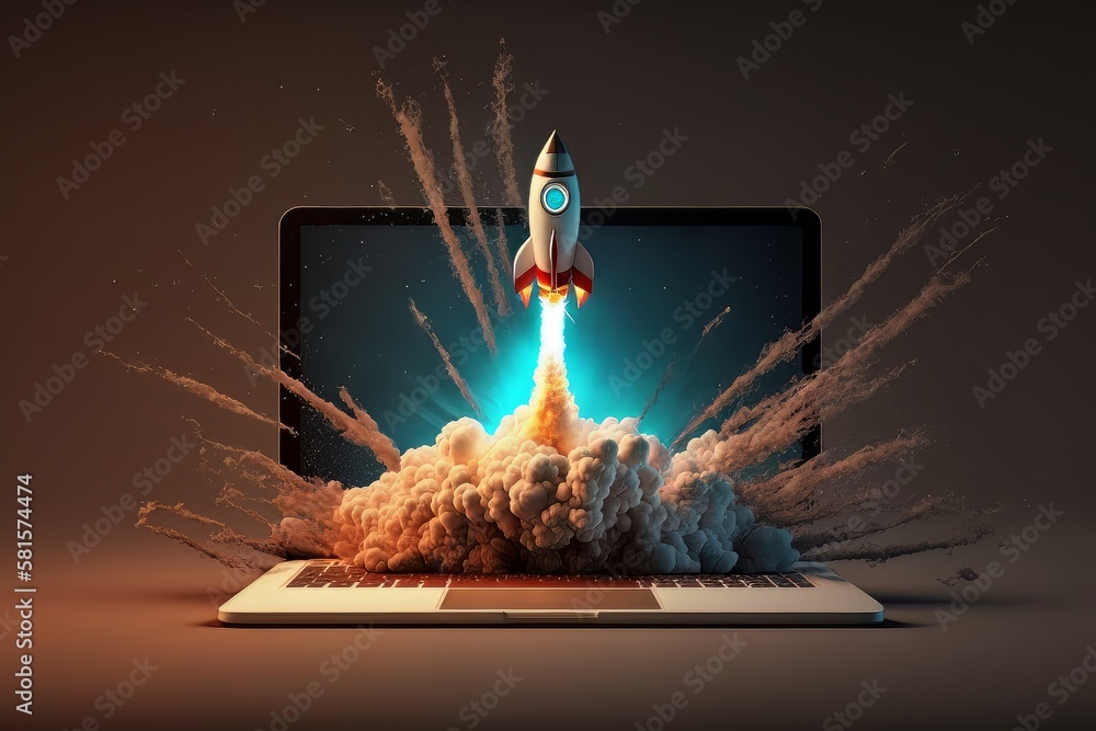 Launching Space Rocket From Laptop Screen. Generative AI - obrazy, fototapety, plakaty 