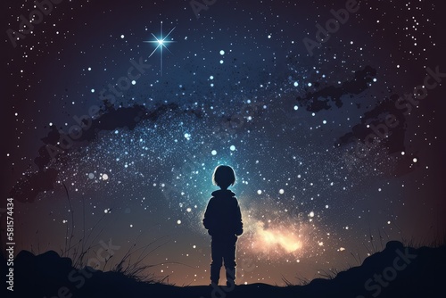 The boy stands among the hanging glowing balls in the form of the moon, fairy tale dream illustration. Generative ai