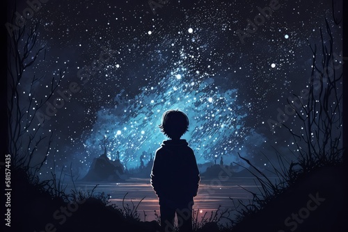 The boy stands among the hanging glowing balls in the form of the moon, fairy tale dream illustration. Generative ai